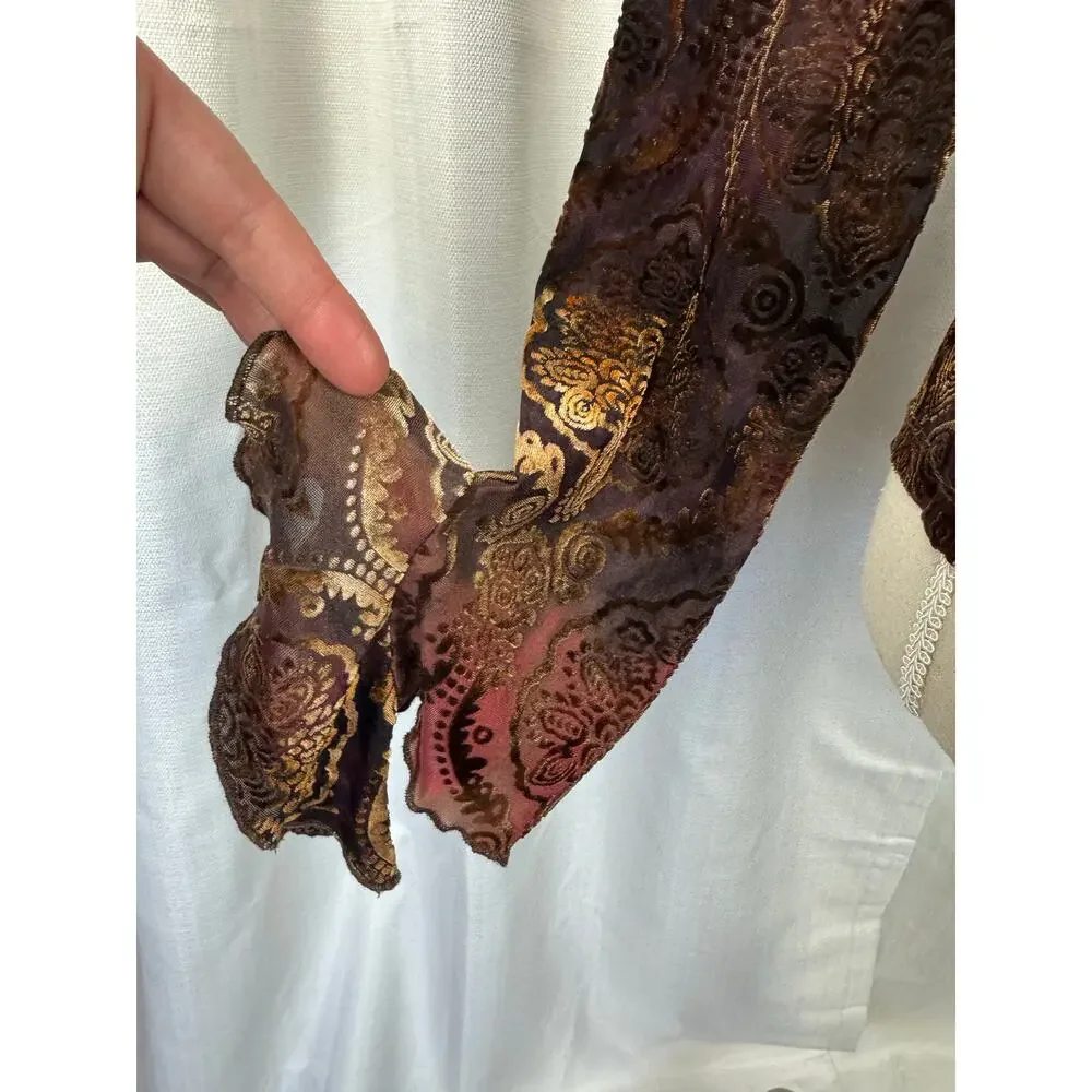 DressBarn Burnout Velvet Mesh Ruffle Top Sheer Floral Metallic Bell Sleeve - Picture 4 of 7